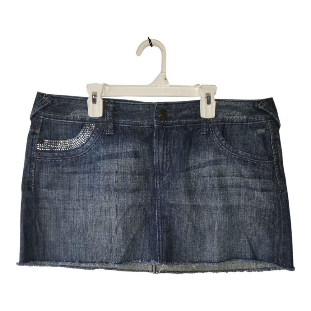 💕Express Jeans Mini Y2k Denim Skirt With Rhinestone Detailing. Size 12